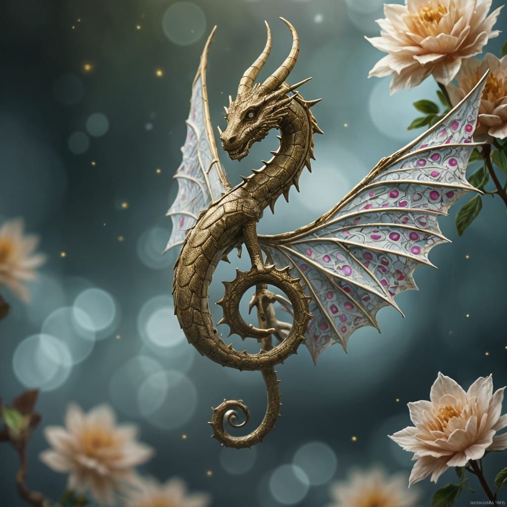 Up close macrophotography of A dragon with the shape of a treble clef musical note with sheet music wings and bagpipe bo...