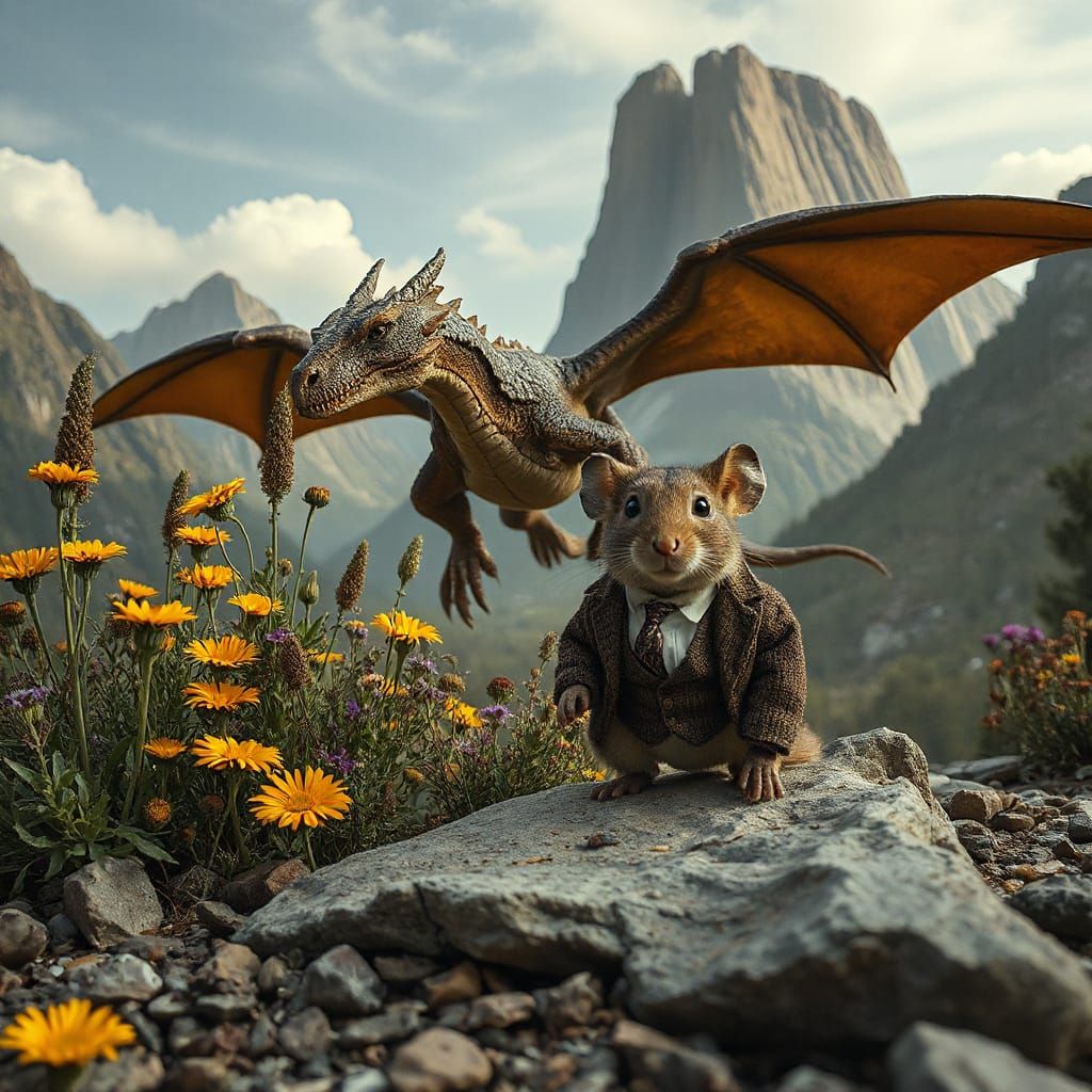 Dragon and Mouse with Giant in Hyper-Realistic Art
