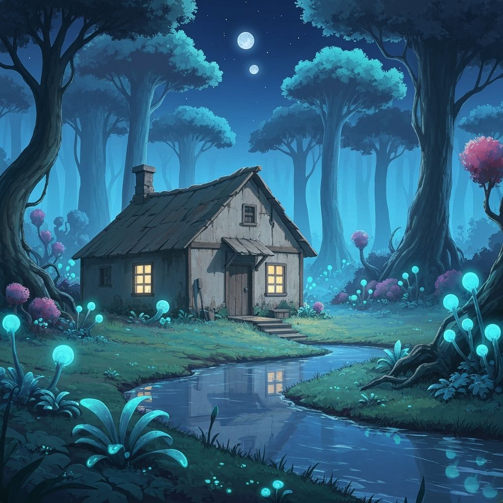 Ethereal Alien Forest Cottage Under Twin Moons