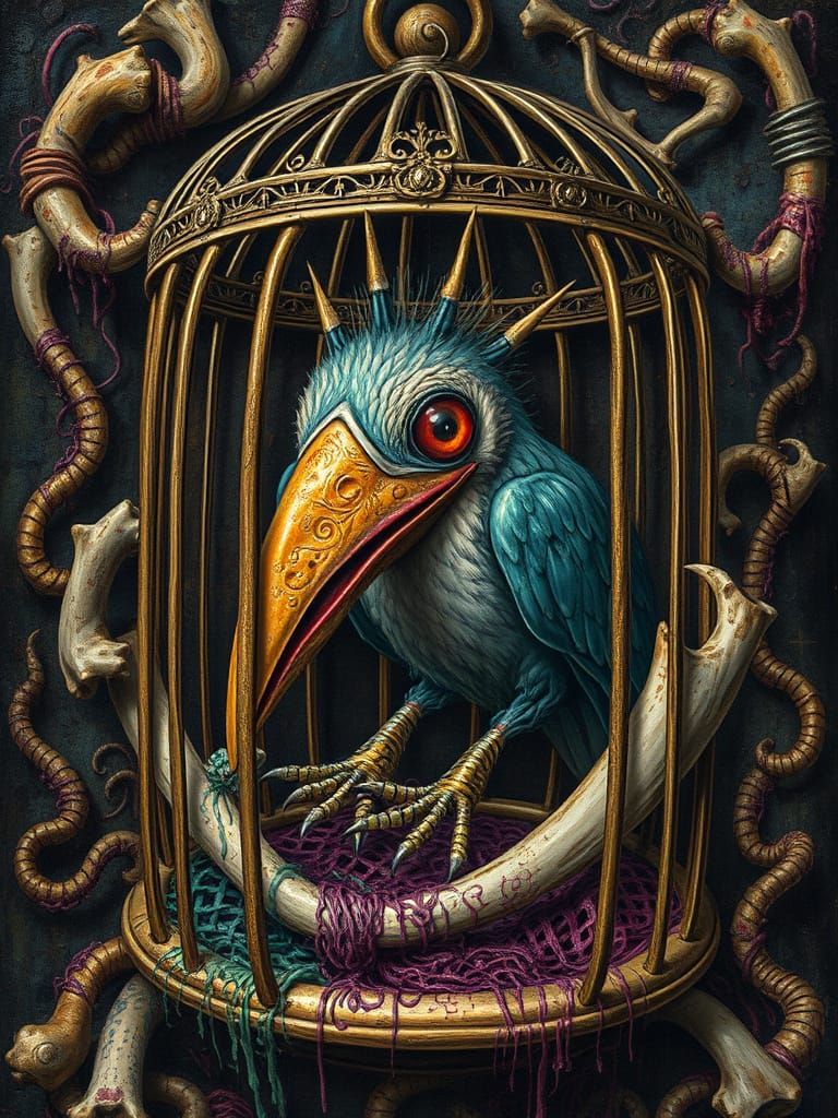 Grotesque Cryptid Dodobird in Bosch Style Cage