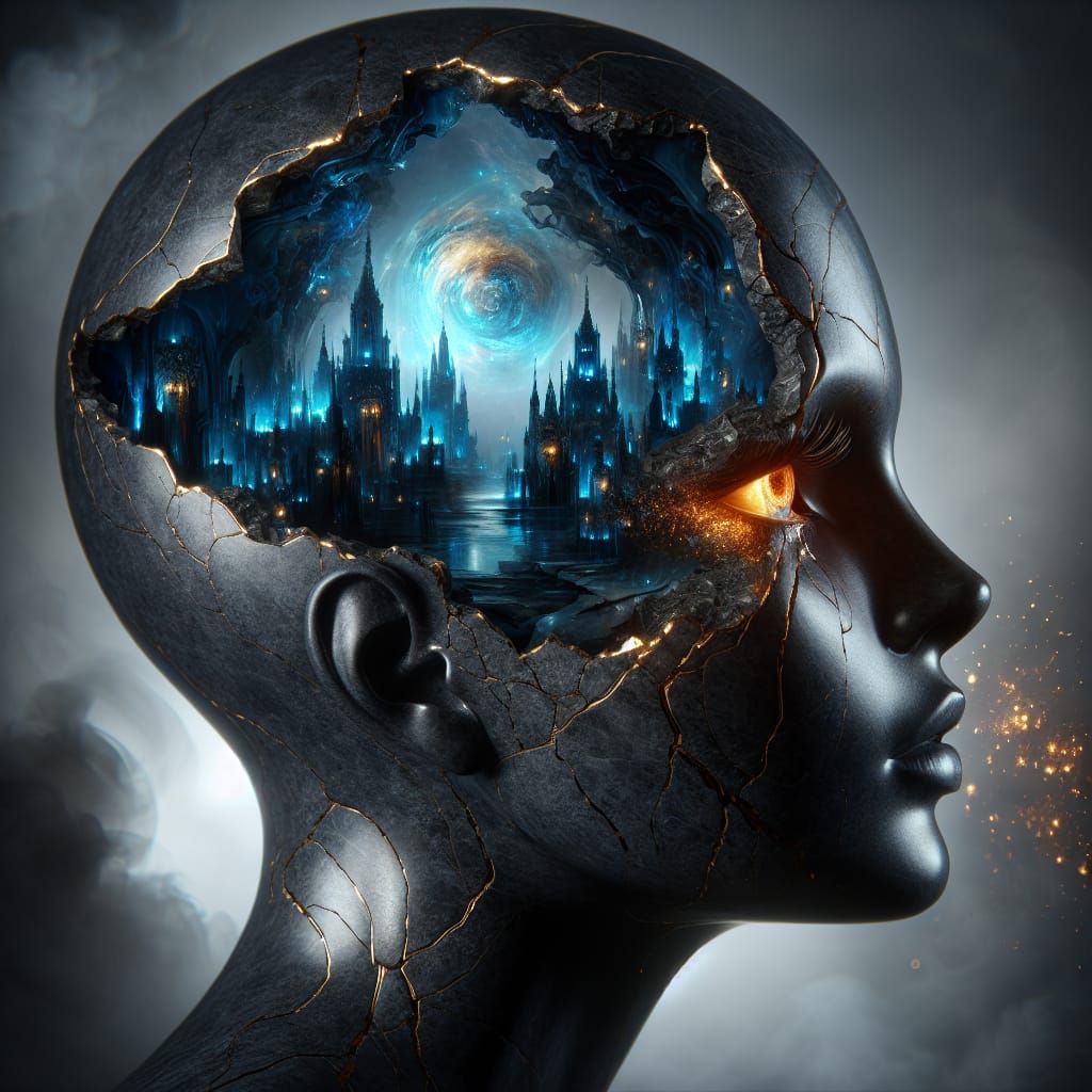 Surreal Obsidian Monster Cityscape with Kintsugi Details