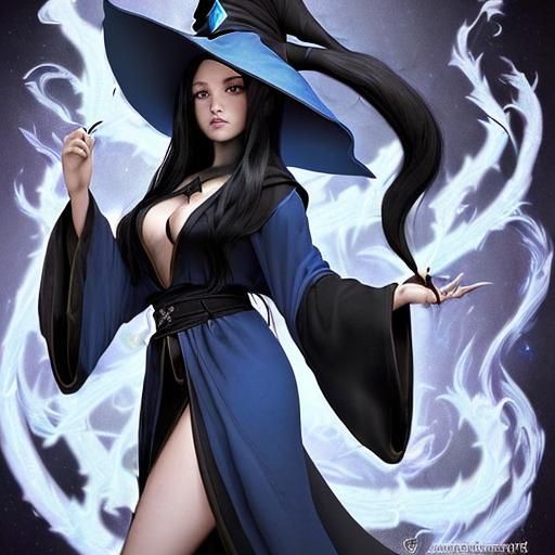 Beautiful Female Wizard with Blue Fire in D&D Style