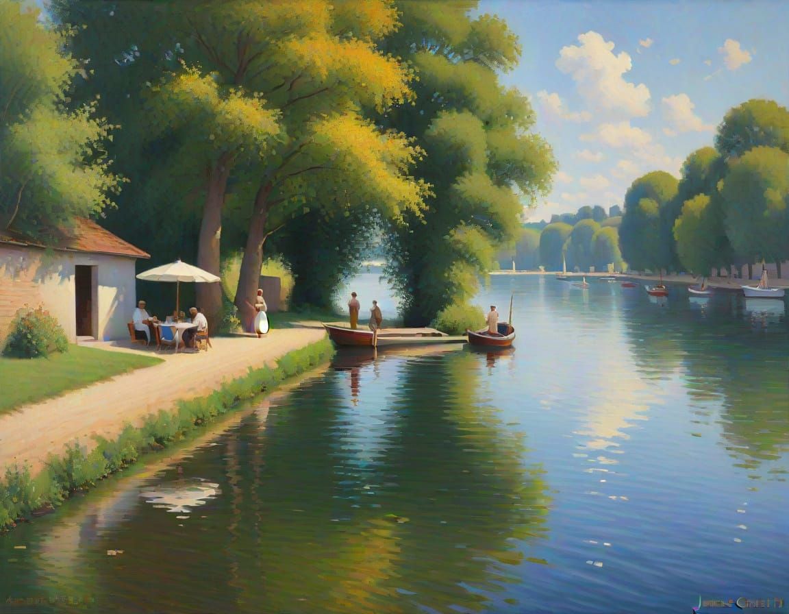 Impressionist River Scene in Seurat's Pointillist Style