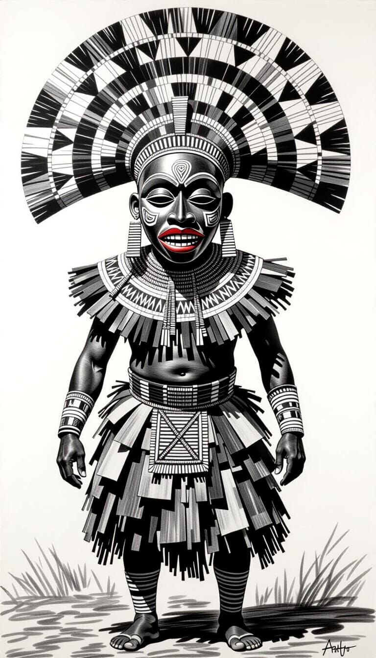 Charcoal Drawing of African Tribal Figure in Mask and Costum...