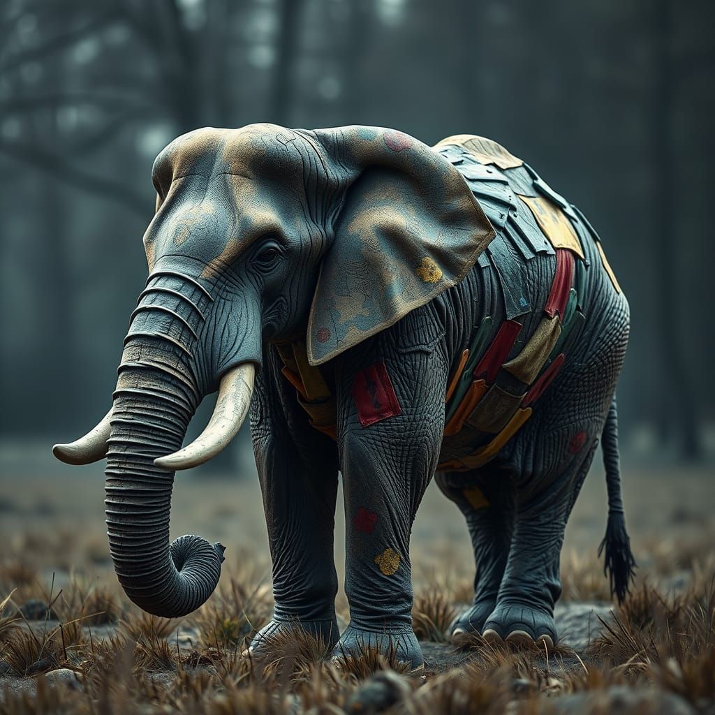 Trash Elephant Sculpture in Hyperrealistic Style