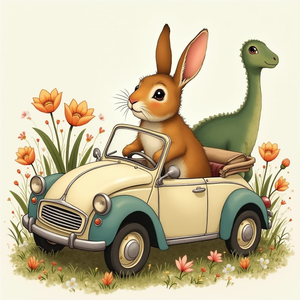 Rabbit's Floral Ride with Dinosaur Friend