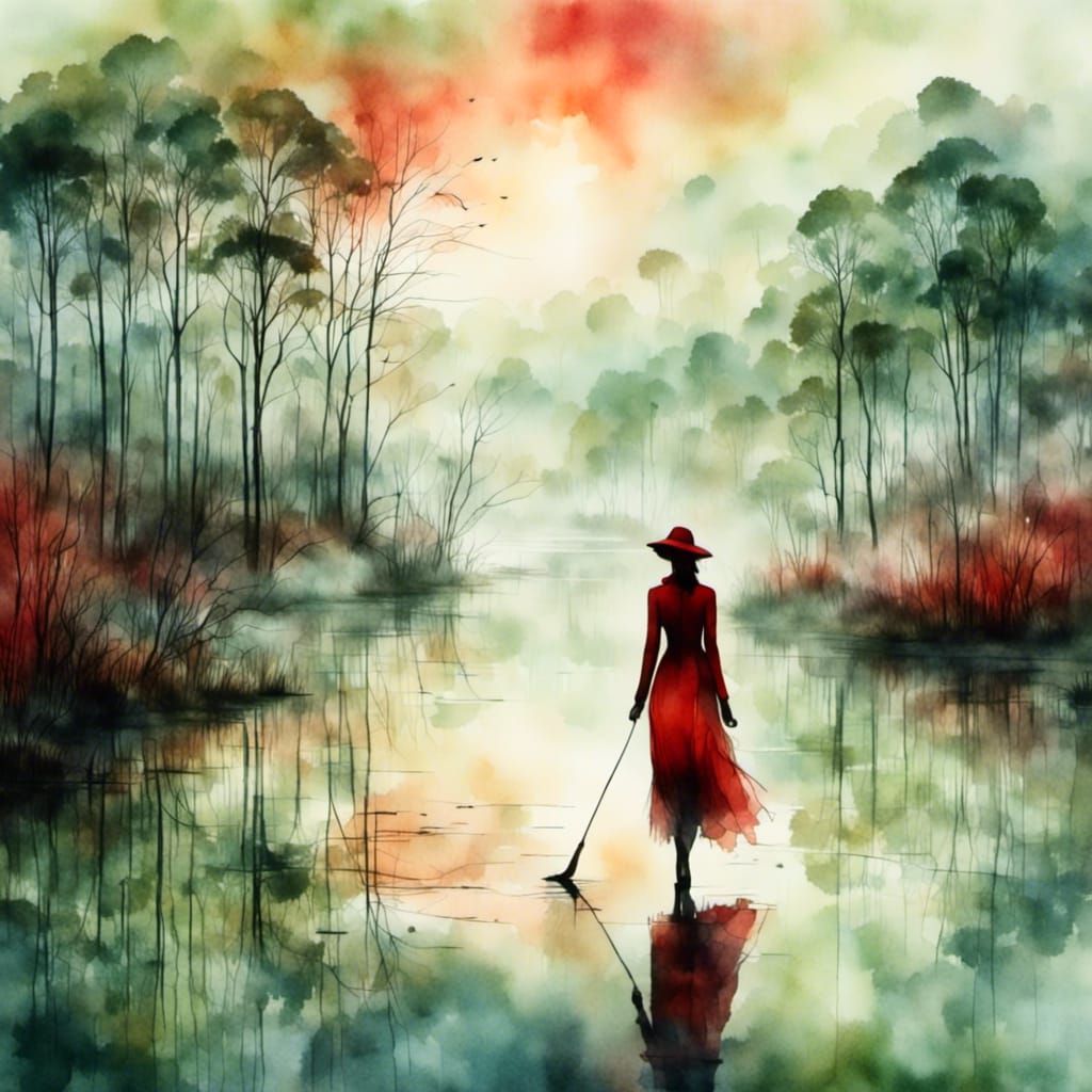 Dreamlike Lake Reflection with Woman in Red