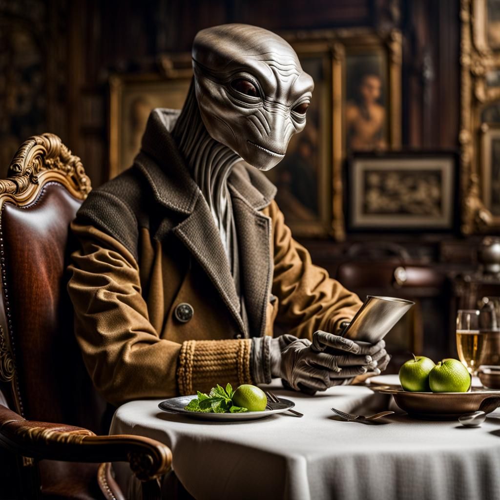 Surreal Alien Restaurant Celebration in Magical Realism