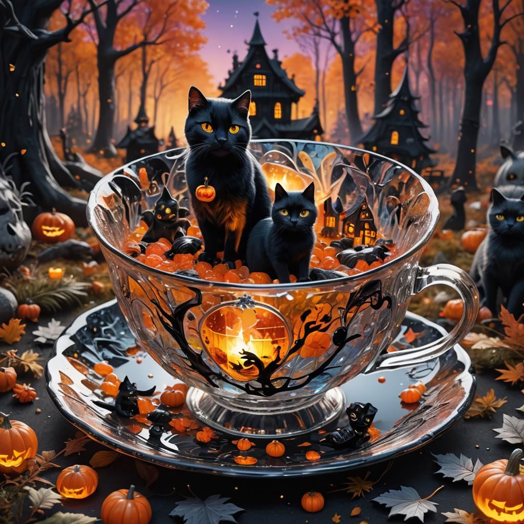 Magical Halloween Village Inside Crystal Teacup