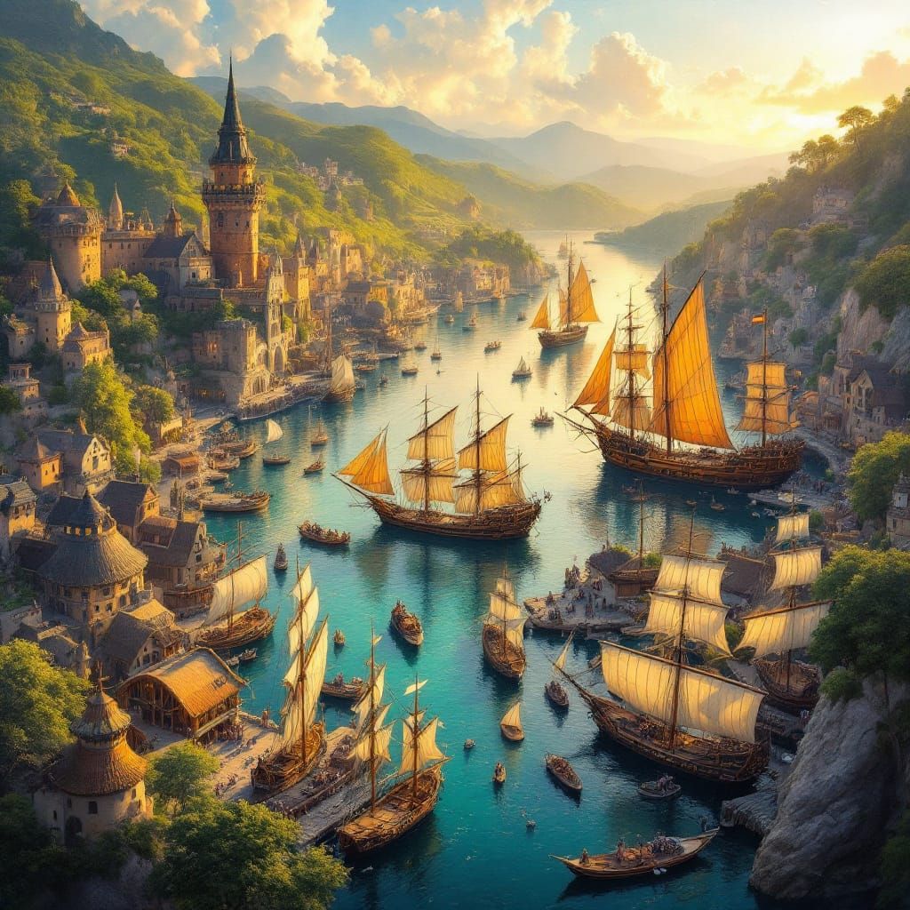 Fantasy Harbor Sunset: Aerial View in Oil Painting Style