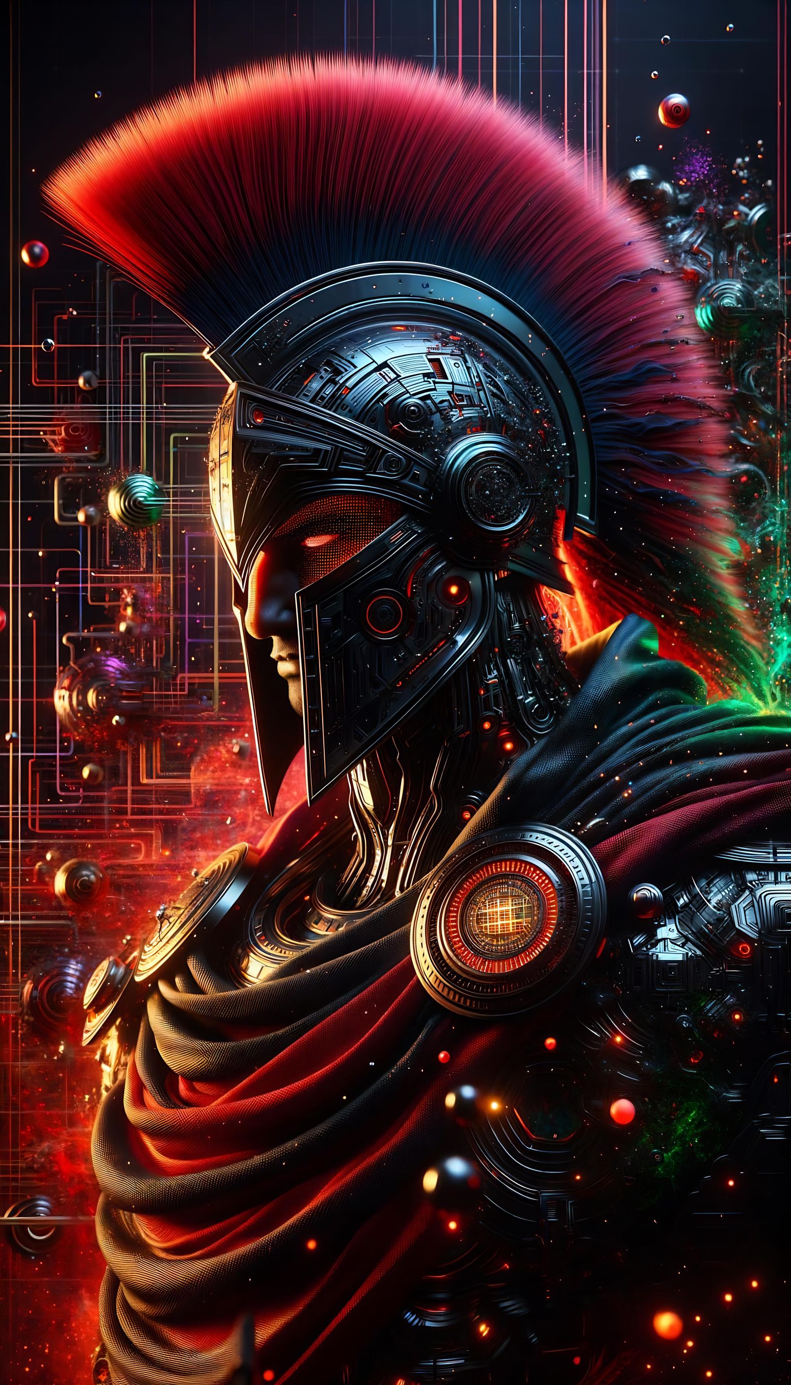 beautiful black-haired  Greek man cyber warrior, wearing a s...