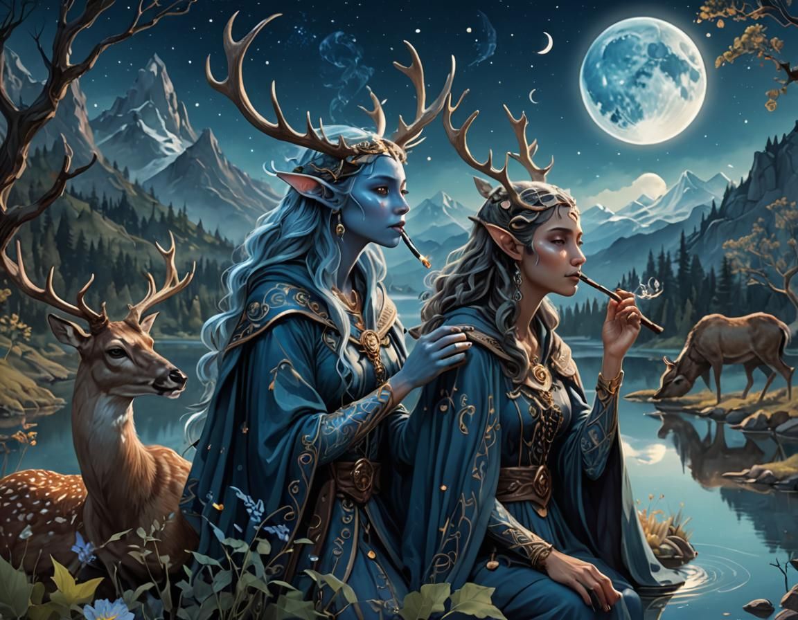 Blue Elf Woman Smoking Pipe in Fantasy Landscape