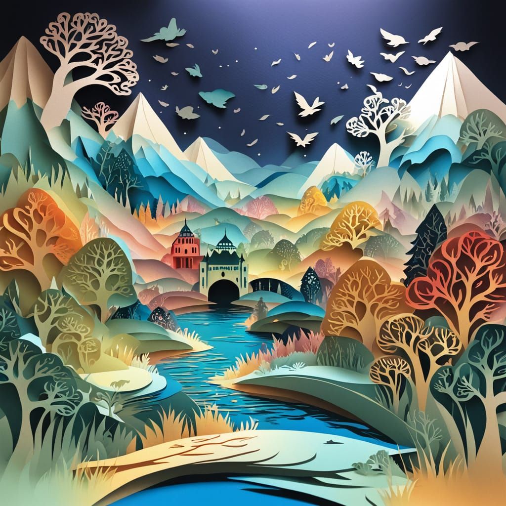 Paper-Cut Fantasy Landscape with Smooth Colors