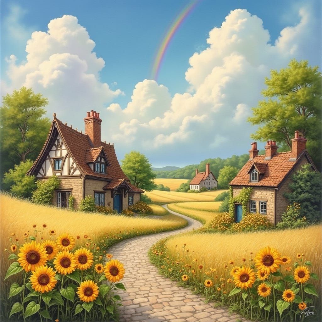 Fairytale Village with Rainbow Sky, Illustration