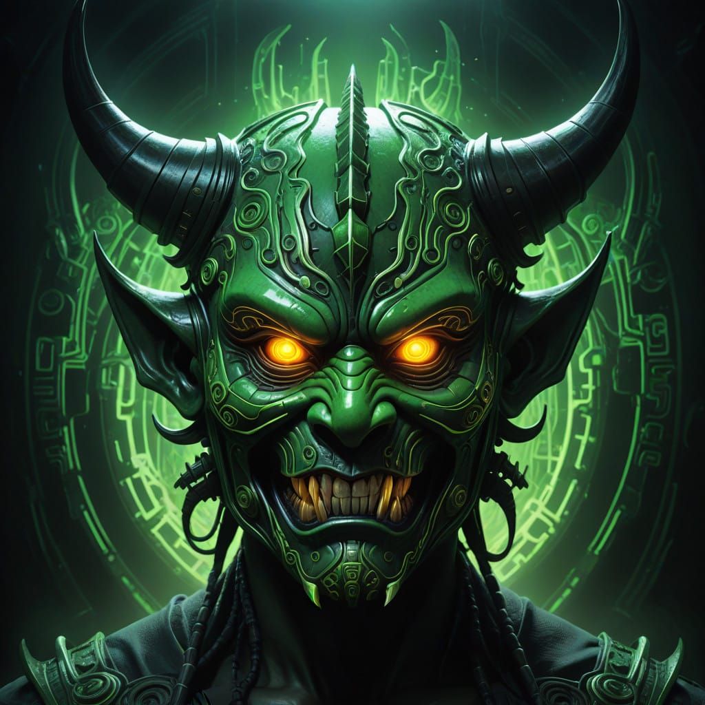 Glowing Green Oni Mask in Cyberpunk Style