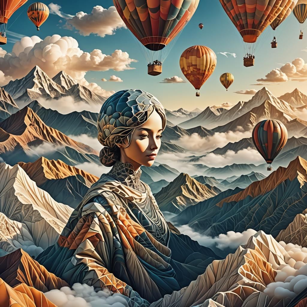Woman in Hot Air Balloon with Fractal Clouds