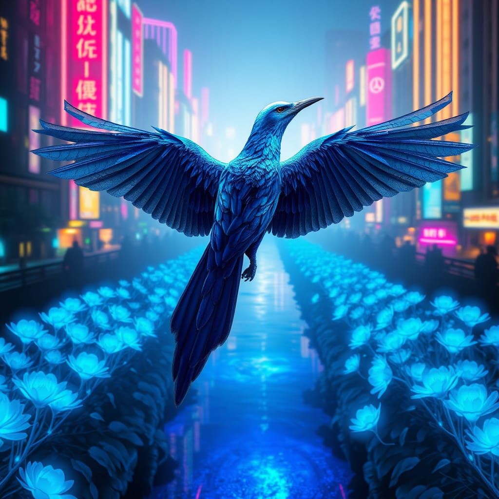 Blue Bird Soaring Above a Neon River