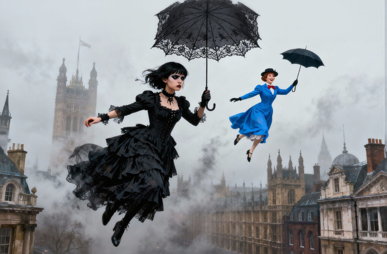 Goth Girl and Mary Poppins Fly Over Foggy London