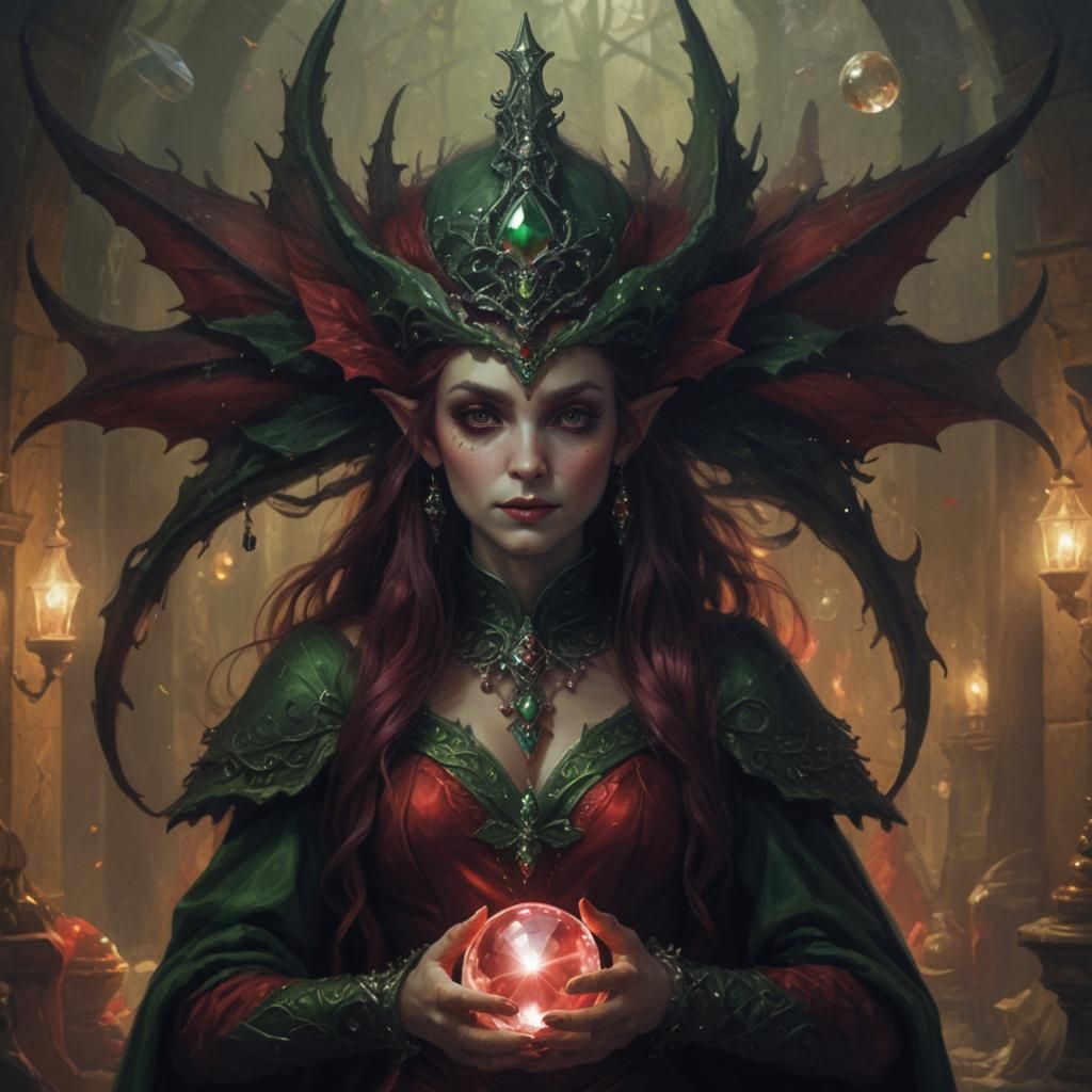 Red and Green Elf Queen with Crystal Ball