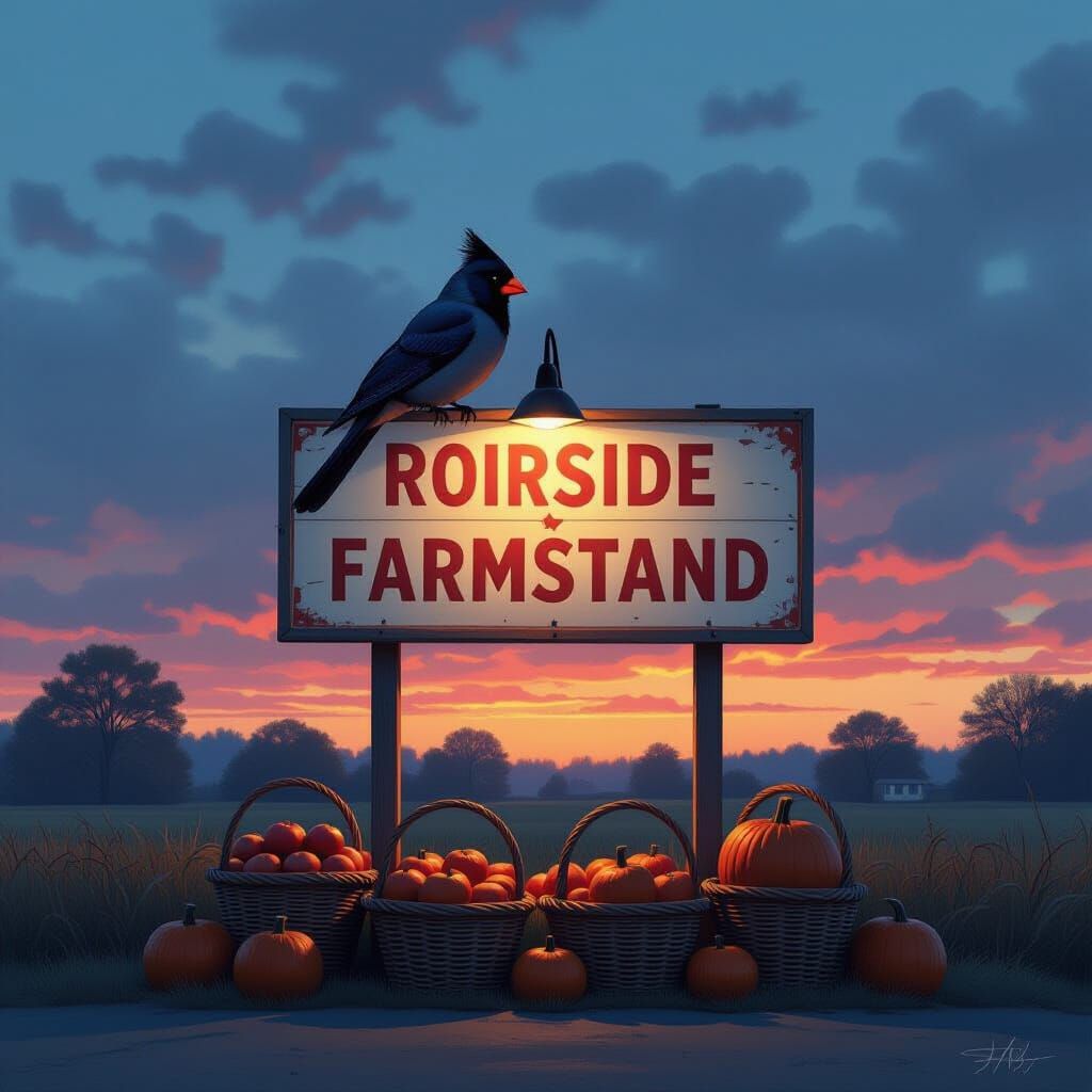 Cardinal at Farmstand in Twilight, Scratch Art