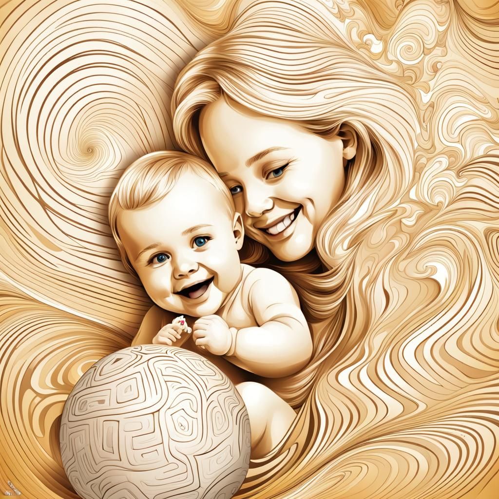Mother and Baby Playing Ball with 3D Shading