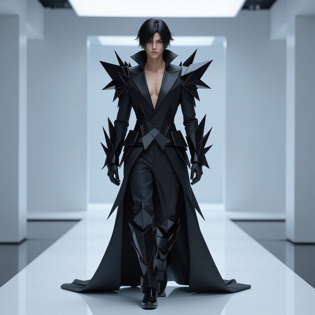 Avant-Garde Obsidian Suit on Minimalist Catwalk