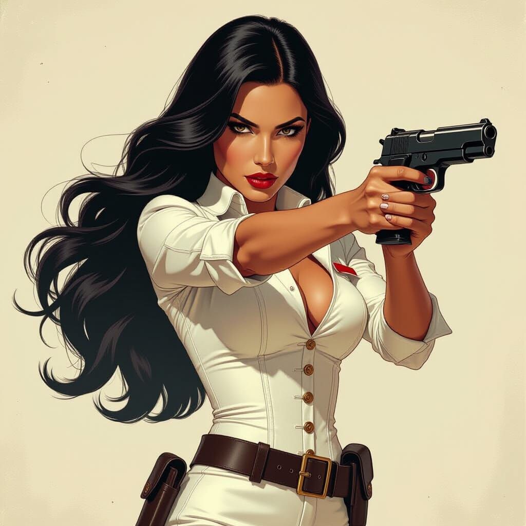 Exotic Woman Firing Handgun in Retro Cinematic Style