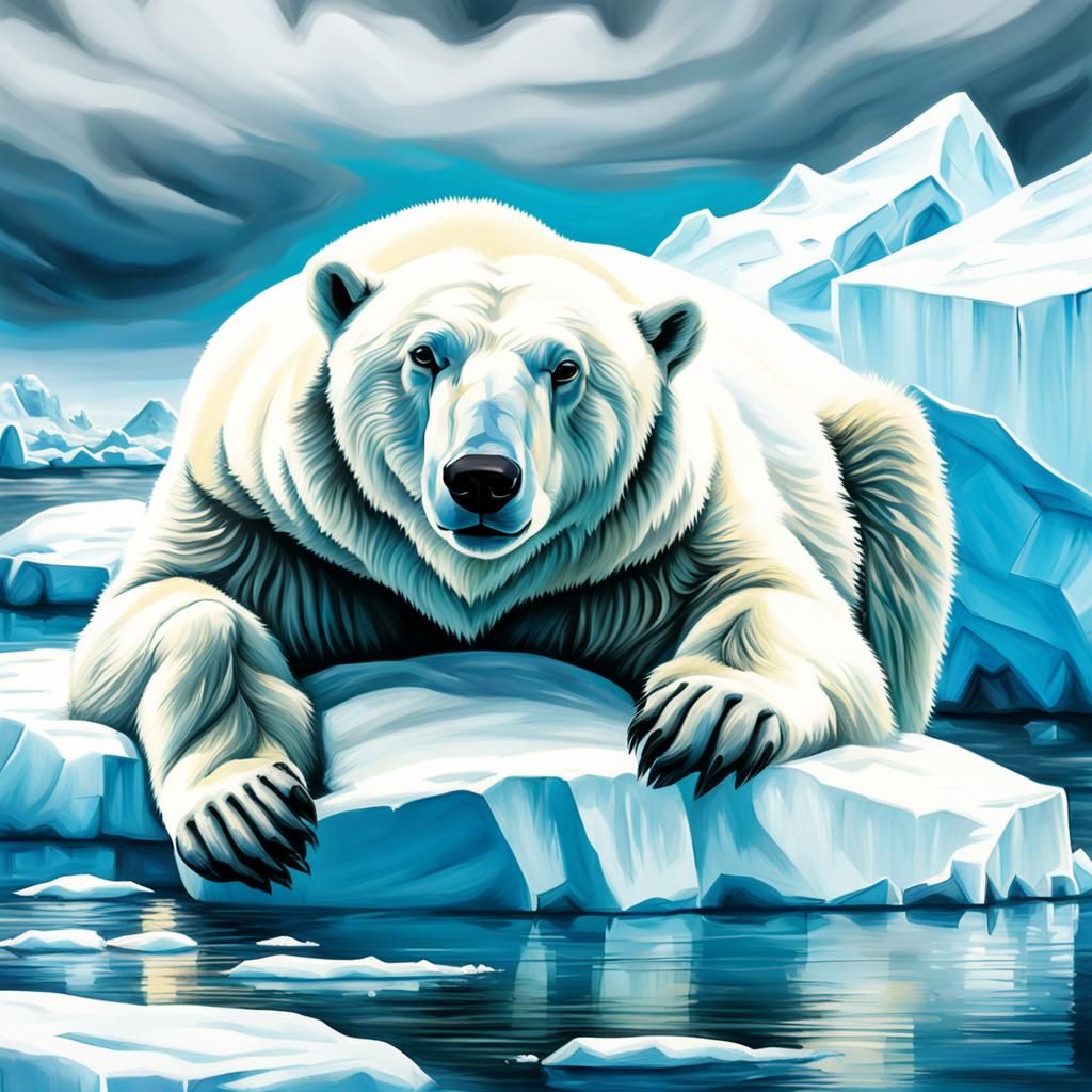 Polar Bear Lounging on Icebergs: Charcoal Drawing