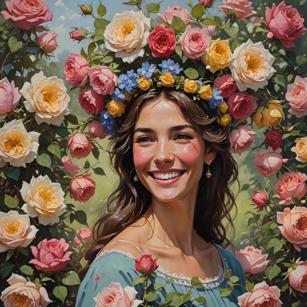 Smiling Woman with Roses, Oil Painting