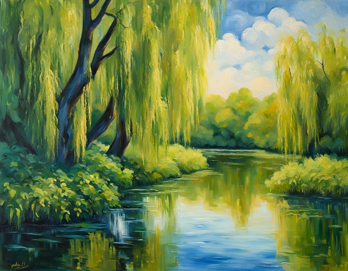 Majestic Weeping Willows by Serene River