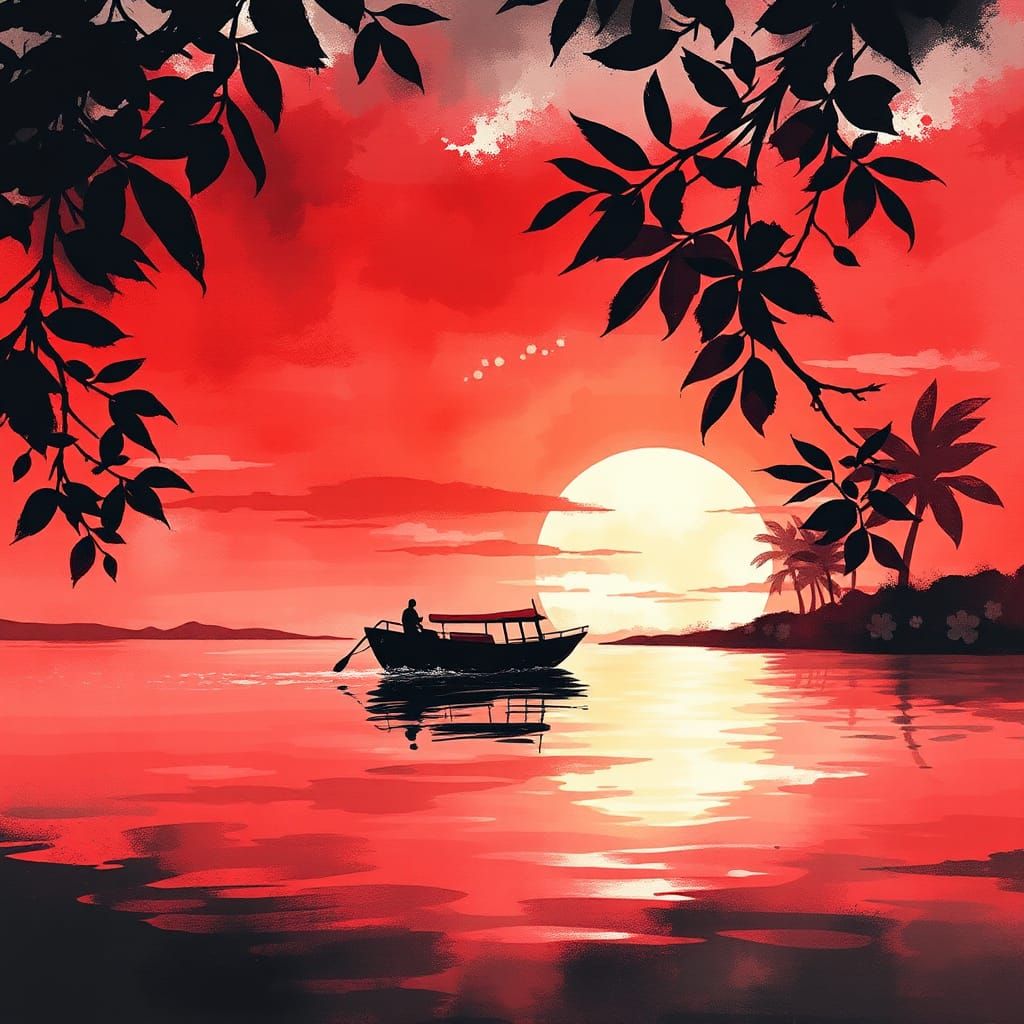 Tranquil Boat at Floral Sunset in Alcohol Ink Style