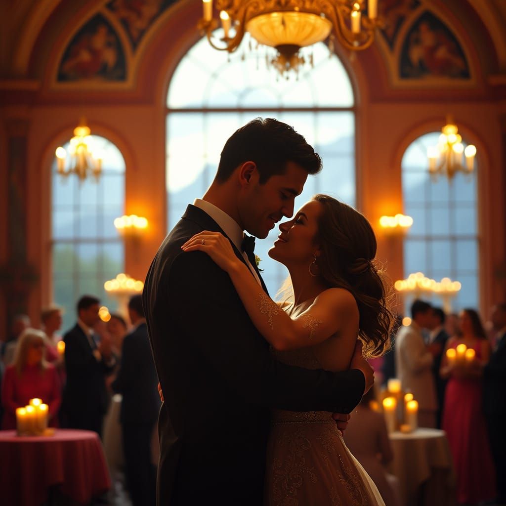 Loving Couple Waltzing in Candlelit Palace Ballroom