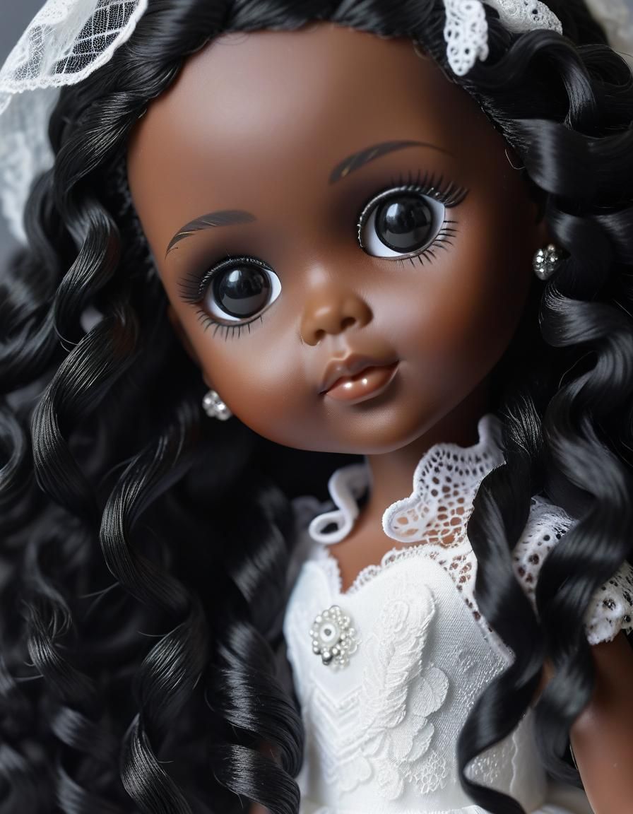 Adorable Dark-Skinned Doll in White Lace Gown