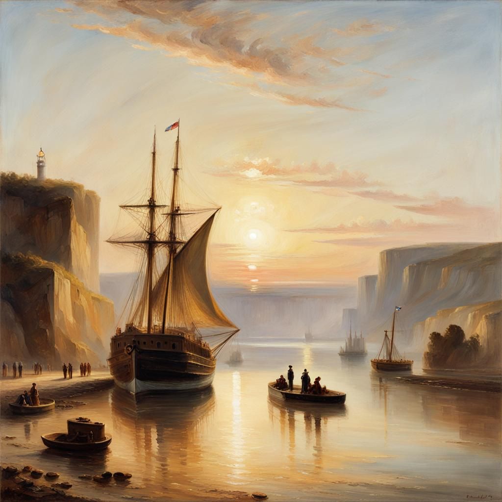 Steam Tugboat Tows Warship at Sunset: Turner-esque Oil Paint...