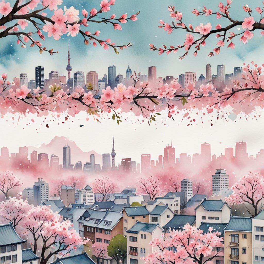 Delicate Watercolour Japanese Cityscape with Sakura Blossoms