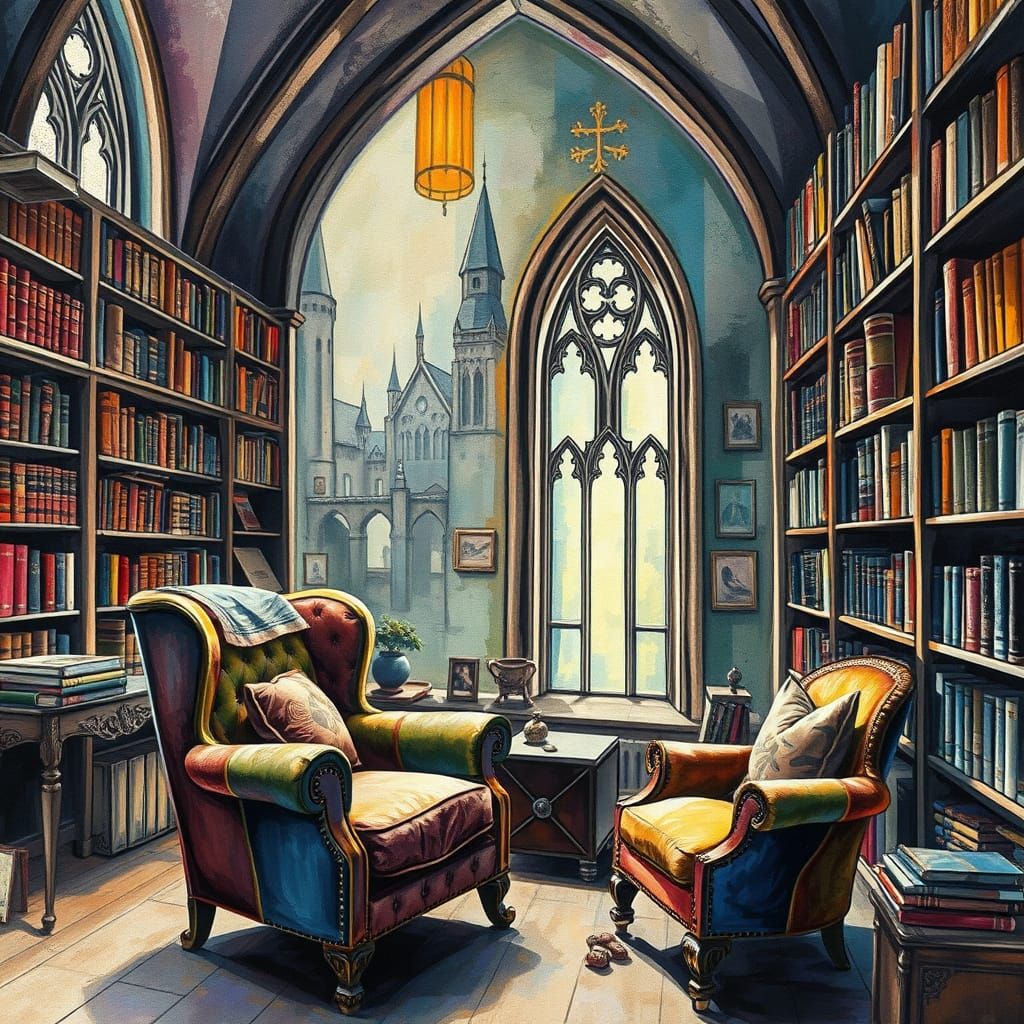 Whimsical Hogwarts Library Scene in Neo-Cubist Style
