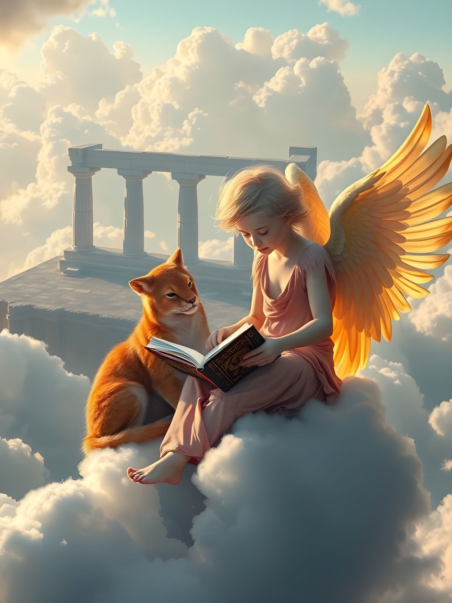 Vibrant Angel and Companion Read on a Cloud Amid Ancient Rui...