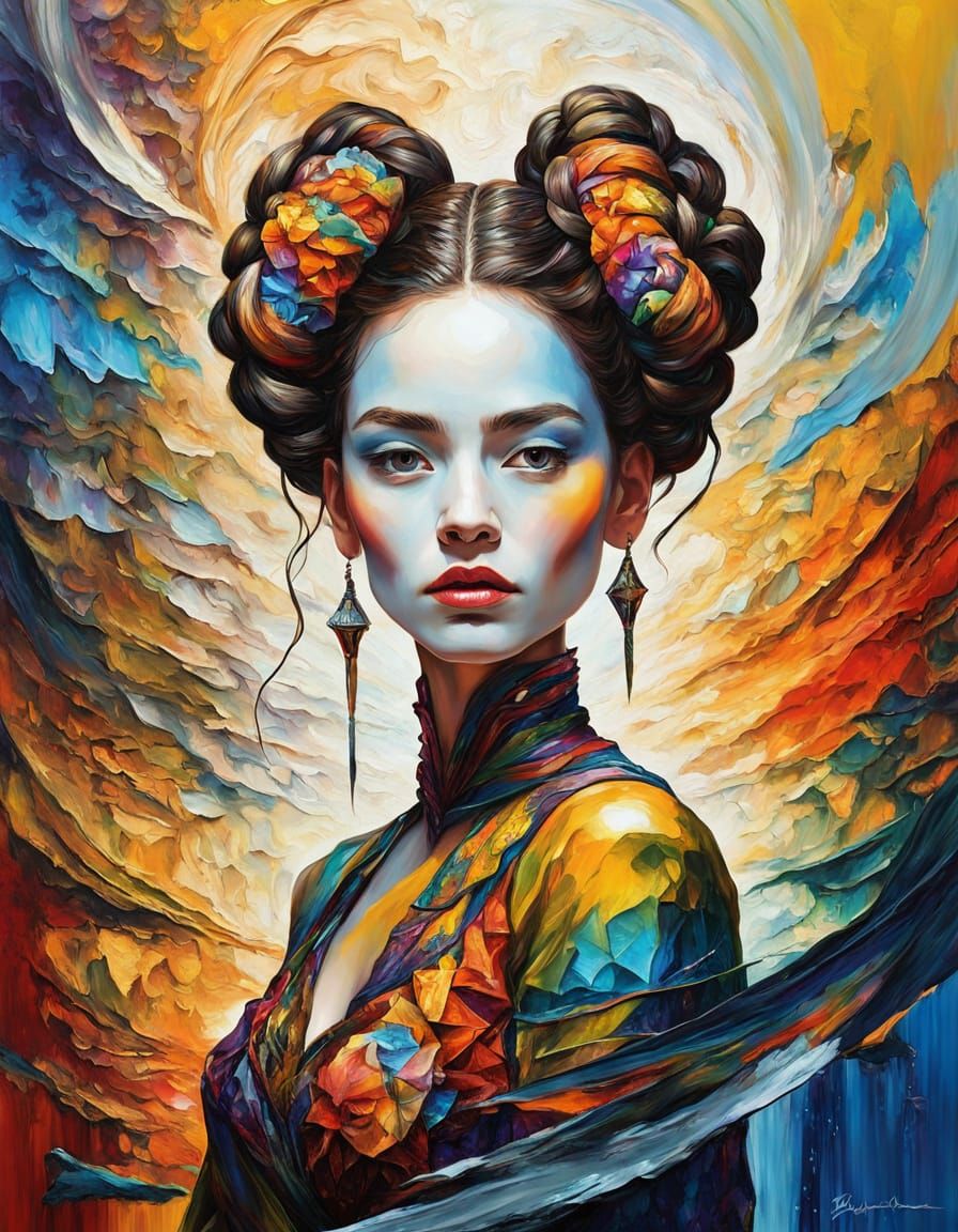 Goddess Woman in Fractal Gown, Vibrant Oil Painting