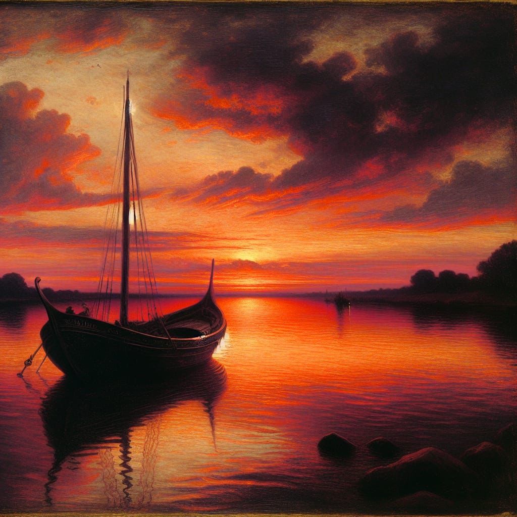 Sunset Boat: Late-Renaissance Oil Painting