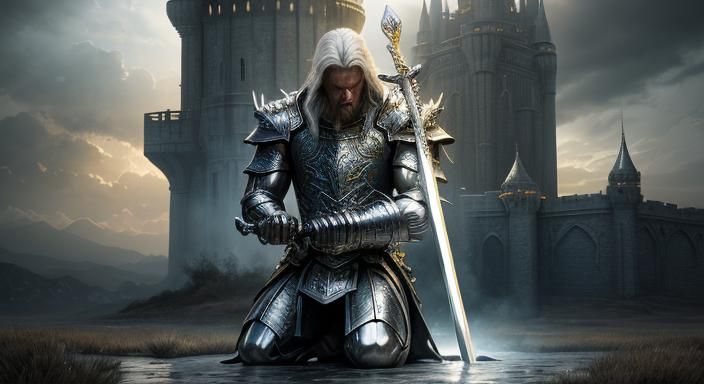 Chrome Warrior Praying at Mystical Castle