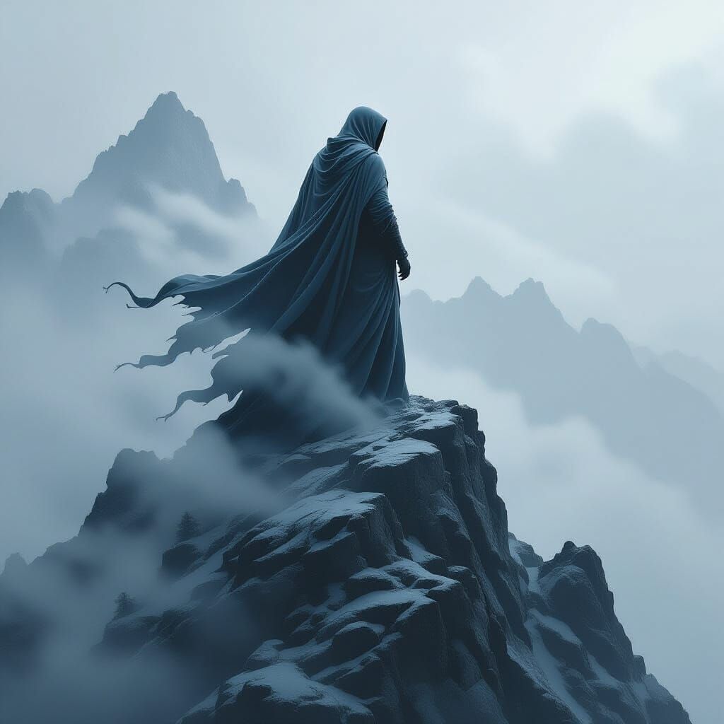 Mystical Hermit on Mist-Shrouded Mountain Peak
