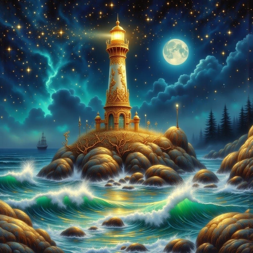 Golden Art Nouveau Lighthouse Shining in the Night