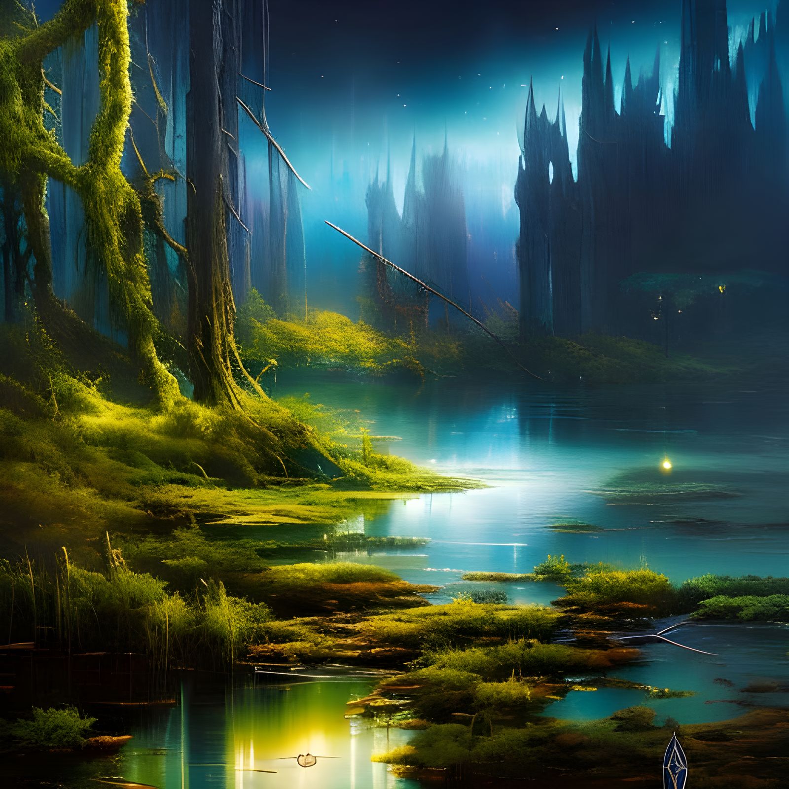 Bayou Totem Under Moonlight in Cartoon Art Style