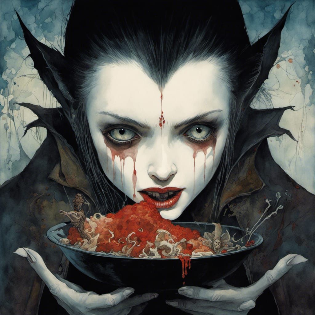 Vampire Feeding: Watercolour Painting with Splatter Effects