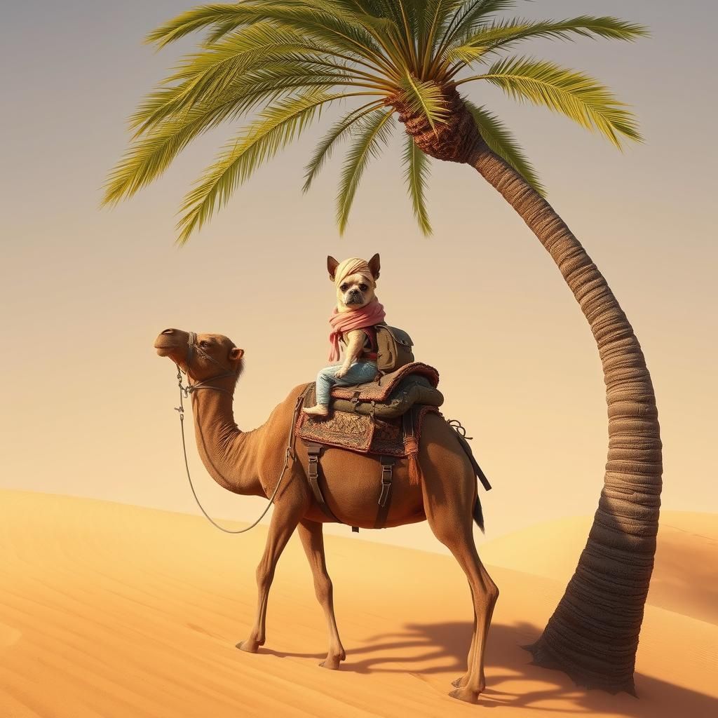 a dog riding a camel under a palm tree. Funny but emotional....