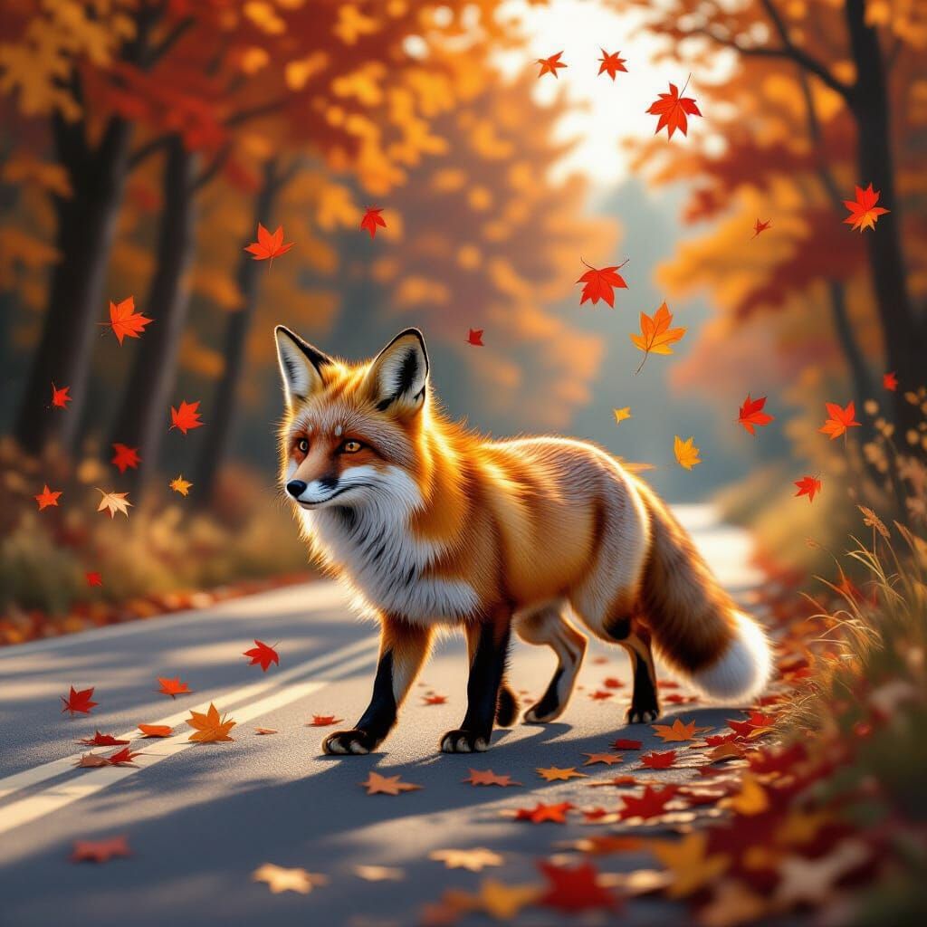 Red Fox Amidst Swirling Fall Leaves, Hyperrealistic Style