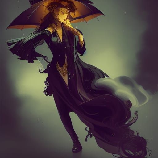 black purple gold kitsune rain  smoke pipe elegant