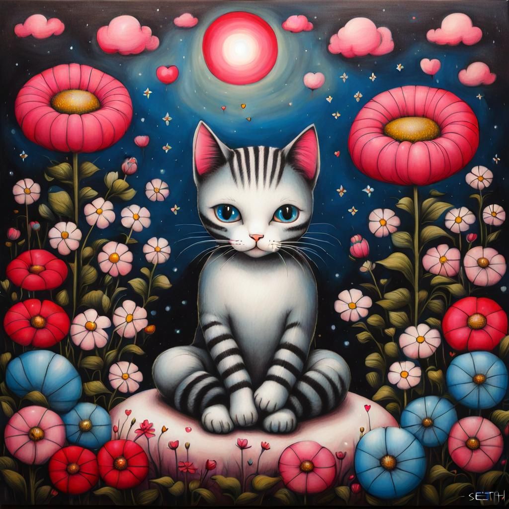 Cute Cat Surrounded by Flowers in Street Art Style