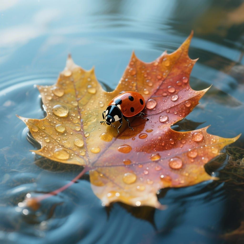 Crystal Autumn Leaf with Ladybug in Macro Photography