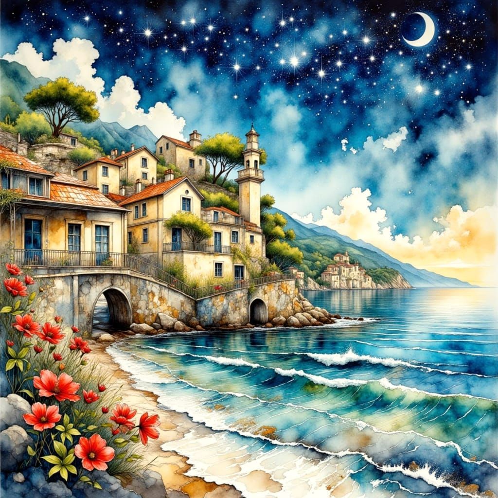 Woman by the Sea in Watercolor and Ink